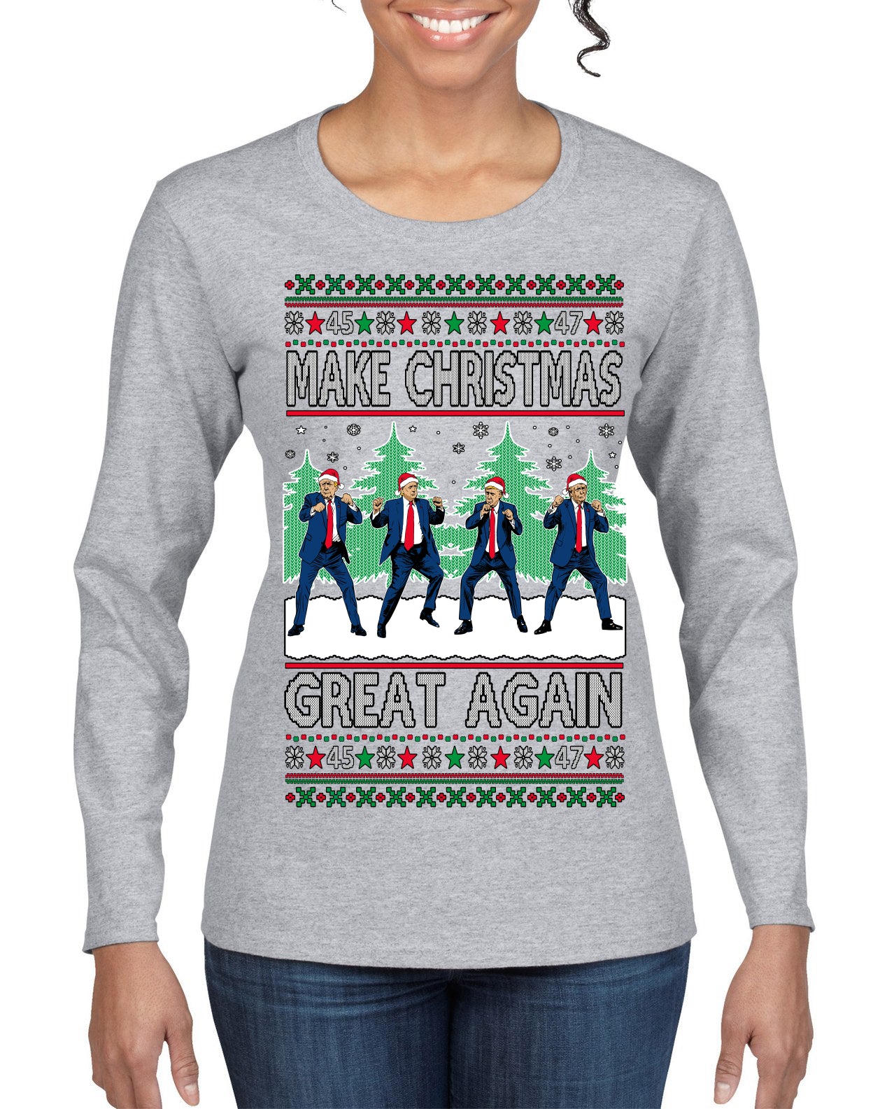 Make Christmas Great Again Shimmy Dance USA President Ugly Christmas Sweater Womens Graphic Long Sleeve T-Shirt