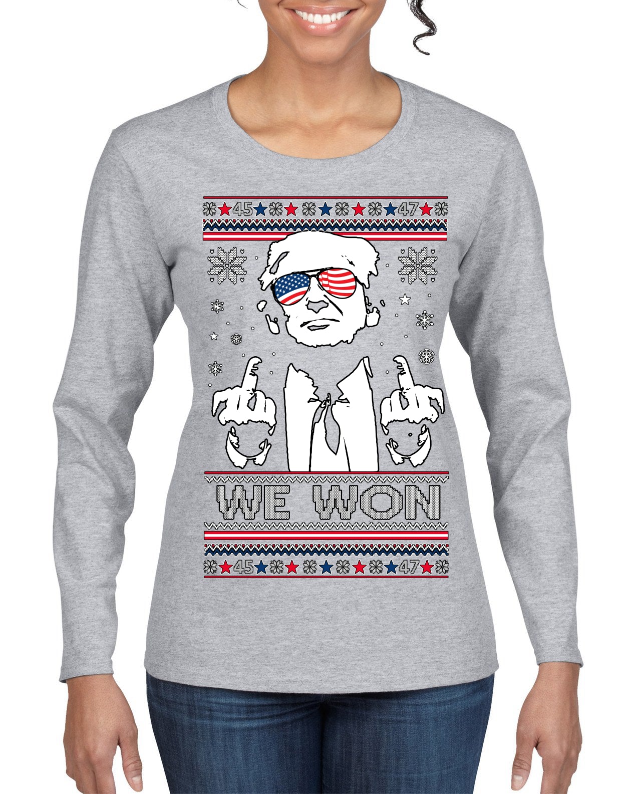 We Won Funny 45 47 President Trump Shot USA Glasses Ugly Christmas Sweater Womens Graphic Long Sleeve T-Shirt