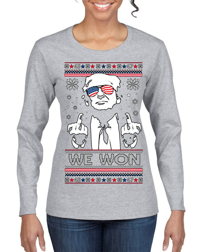 We Won Funny 45 47 President Trump Shot USA Glasses Ugly Christmas Sweater Womens Graphic Long Sleeve T-Shirt