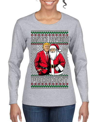 Santa's Favorite President Red Suit Trump Ugly Christmas Sweater Womens Graphic Long Sleeve T-Shirt