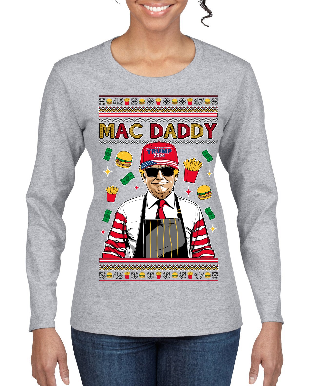 Mac Daddy Funny Viral Trump Meme Fast Food Fries Burgers Ugly Christmas Sweater Womens Graphic Long Sleeve T-Shirt