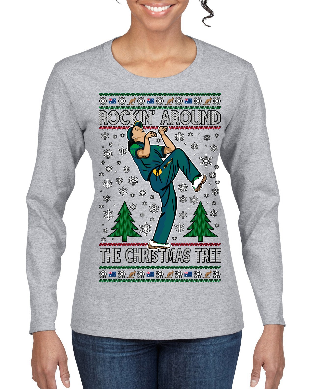 Rockin Around the Christmas Tree Raygun Viral Breakdancer Ugly Christmas Sweater Womens Graphic Long Sleeve T-Shirt