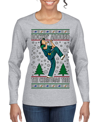 Rockin Around the Christmas Tree Raygun Viral Breakdancer Ugly Christmas Sweater Womens Graphic Long Sleeve T-Shirt