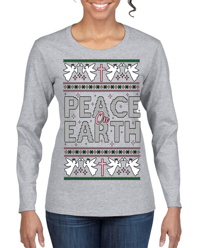 Peace On Earth Funny Xmas Cute Pink Angel Cross Ugly Christmas Sweater Womens Graphic Long Sleeve T-Shirt