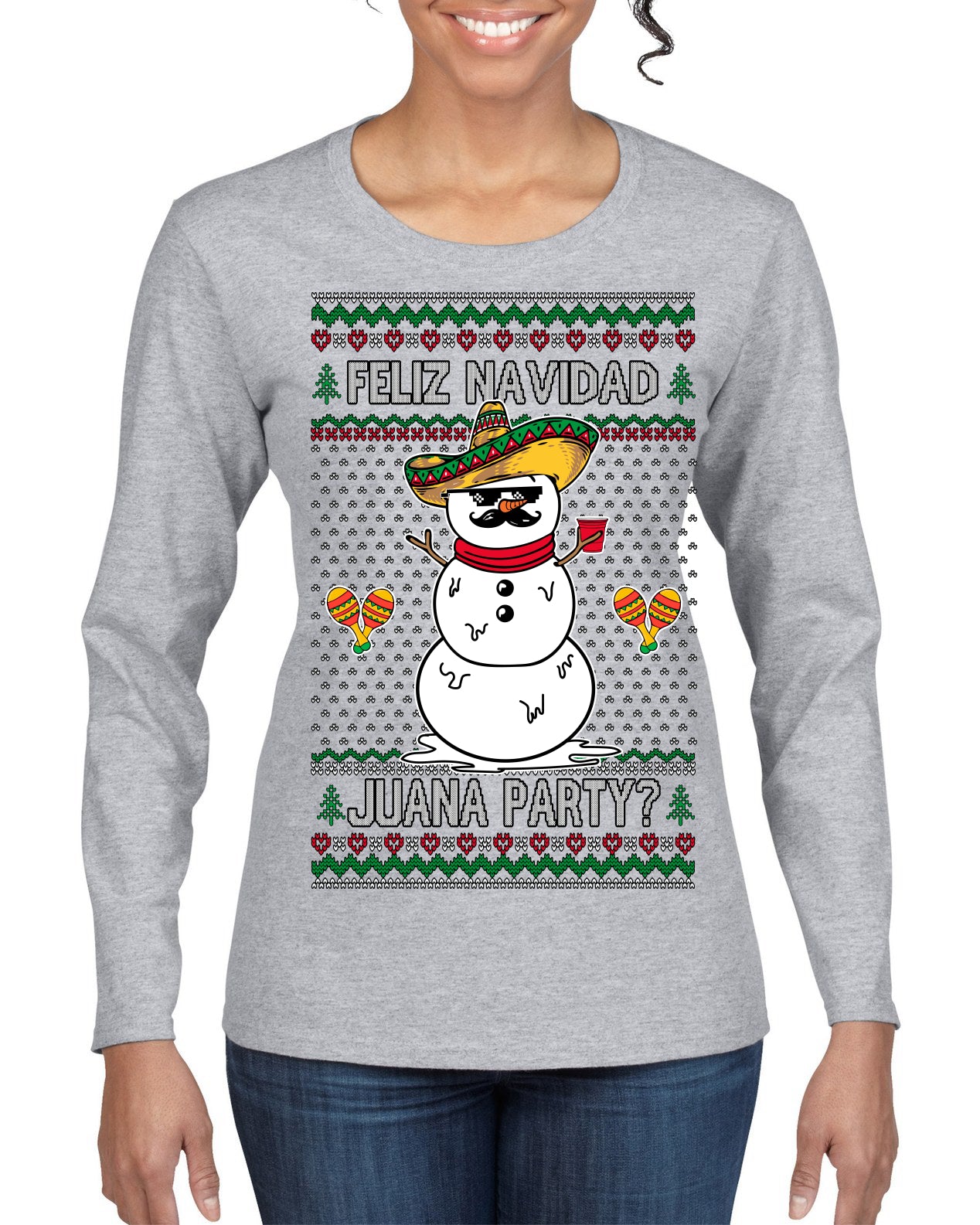 Feliz Navidad Juana Party Funny Spanish Drinking Cerveza Ugly Christmas Sweater Womens Graphic Long Sleeve T-Shirt