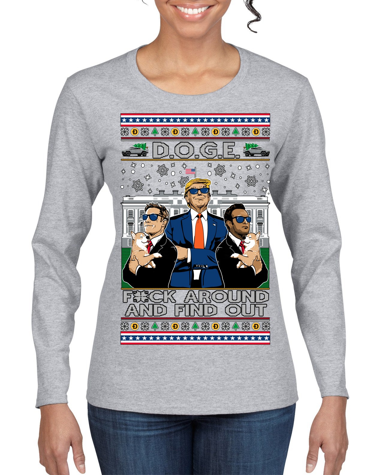 Doge F Around and Find Out Donald Trump Elon Vivek MAGA Ugly Christmas Sweater Womens Graphic Long Sleeve T-Shirt