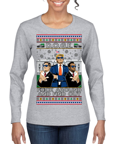 Doge F Around and Find Out Donald Trump Elon Vivek MAGA Ugly Christmas Sweater Womens Graphic Long Sleeve T-Shirt