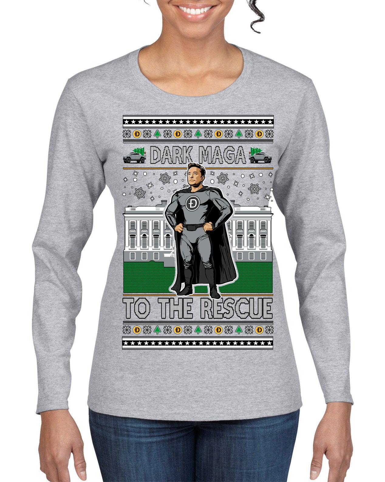 Dark MAGA to the Rescue Elon Superhero Doge Crypto Ugly Christmas Sweater Womens Graphic Long Sleeve T-Shirt
