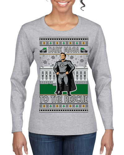 Dark MAGA to the Rescue Elon Superhero Doge Crypto Ugly Christmas Sweater Womens Graphic Long Sleeve T-Shirt
