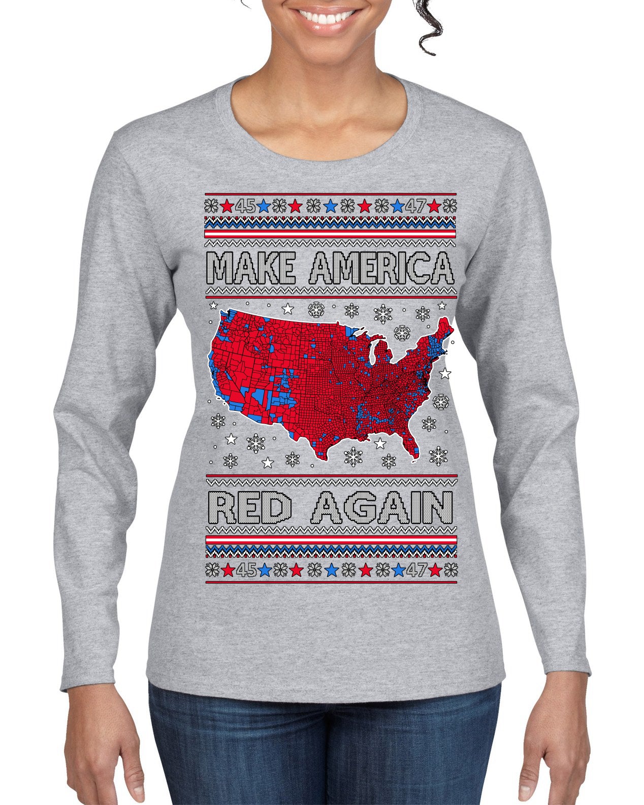 Make America Red Again USA Map Trump 2024 MAGA Ugly Christmas Sweater Womens Graphic Long Sleeve T-Shirt
