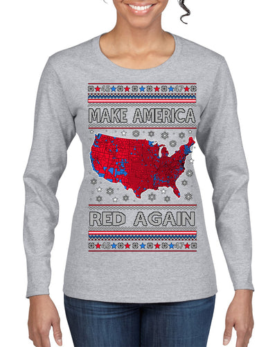 Make America Red Again USA Map Trump 2024 MAGA Ugly Christmas Sweater Womens Graphic Long Sleeve T-Shirt
