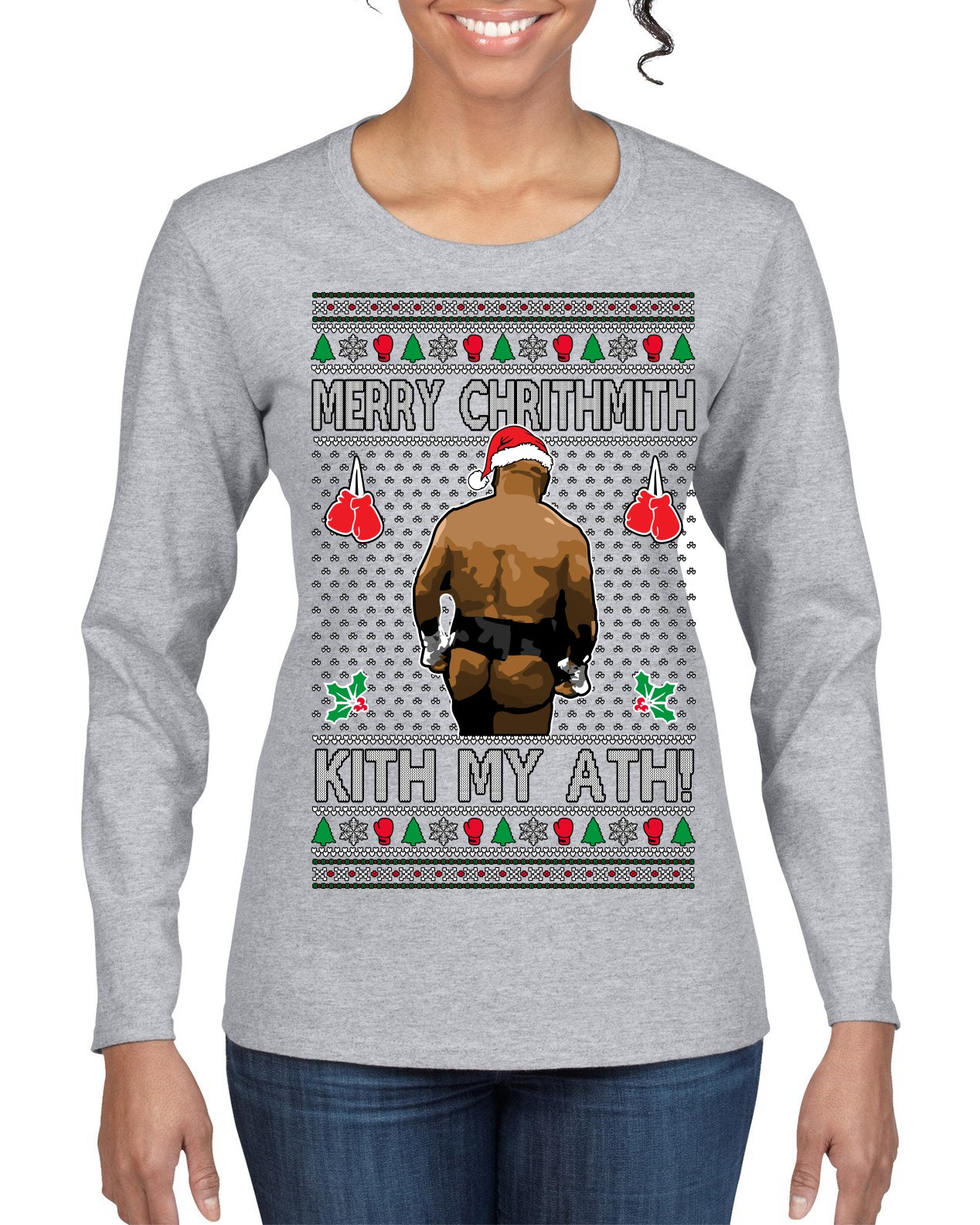 Merry Chrithmith Kith My Ath, Butt Viral Kiss My Ass Boxing Fight Meme Ugly Christmas Sweater Womens Graphic Long Sleeve T-Shirt