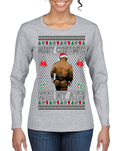 Merry Chrithmith Kith My Ath, Butt Viral Kiss My Ass Boxing Fight Meme Ugly Christmas Sweater Womens Graphic Long Sleeve T-Shirt