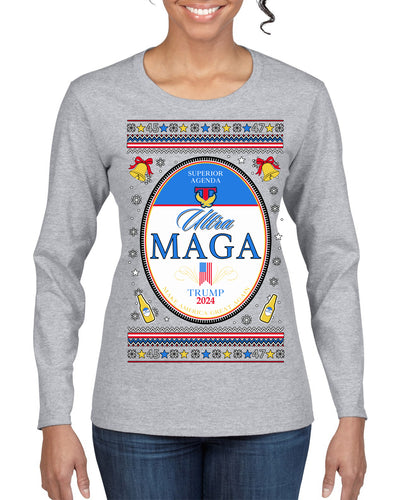 Ultra MAGA Superior Agenda Trump 2024 Funny Beer Logo Ugly Christmas Sweater Womens Graphic Long Sleeve T-Shirt