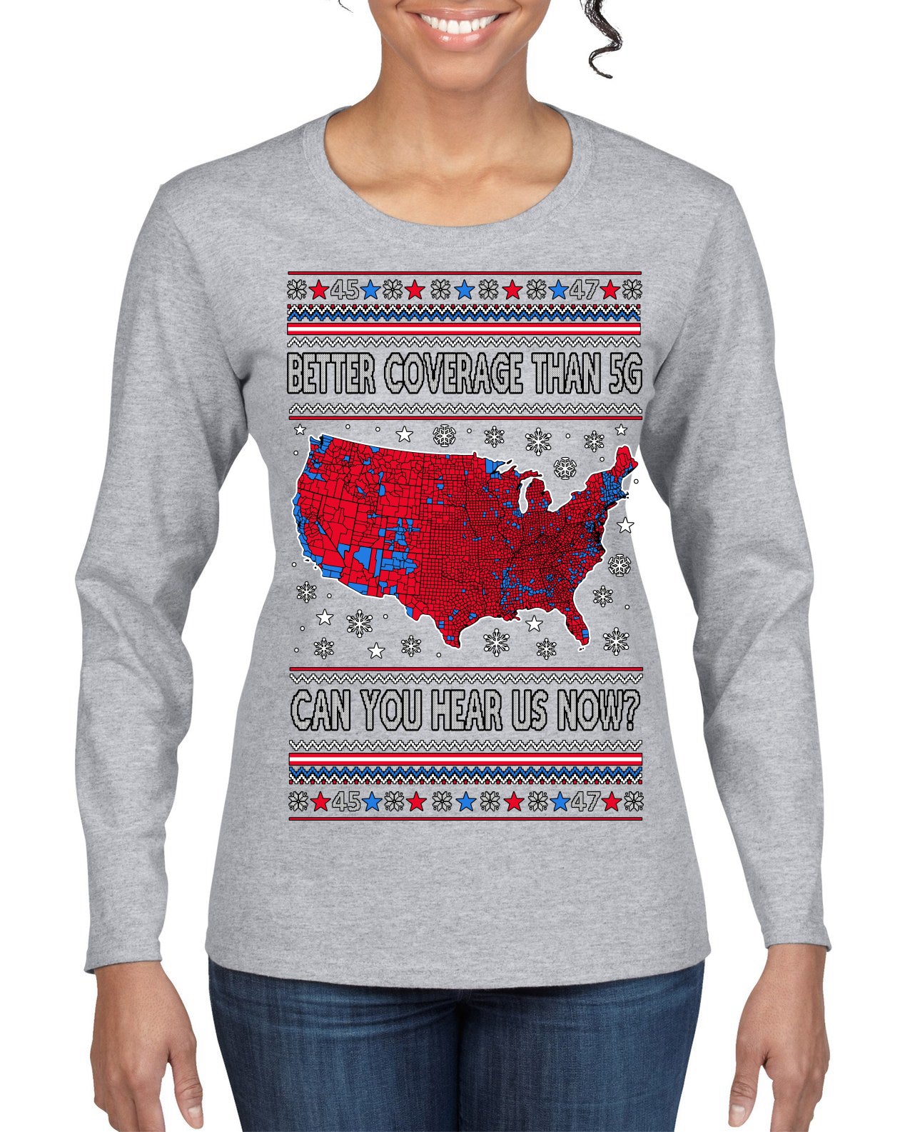 Trump 2024 Better Coverage than 5G Red Wave Landslide Ugly Christmas Sweater Womens Graphic Long Sleeve T-Shirt