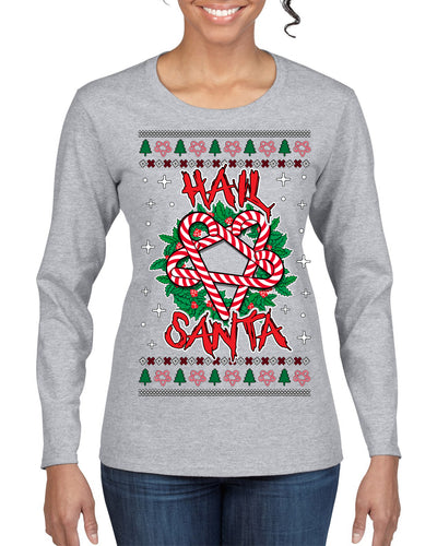 Hail Santa Funny Satanic Candy Devil Heavy Metal Satan Ugly Christmas Sweater Womens Graphic Long Sleeve T-Shirt