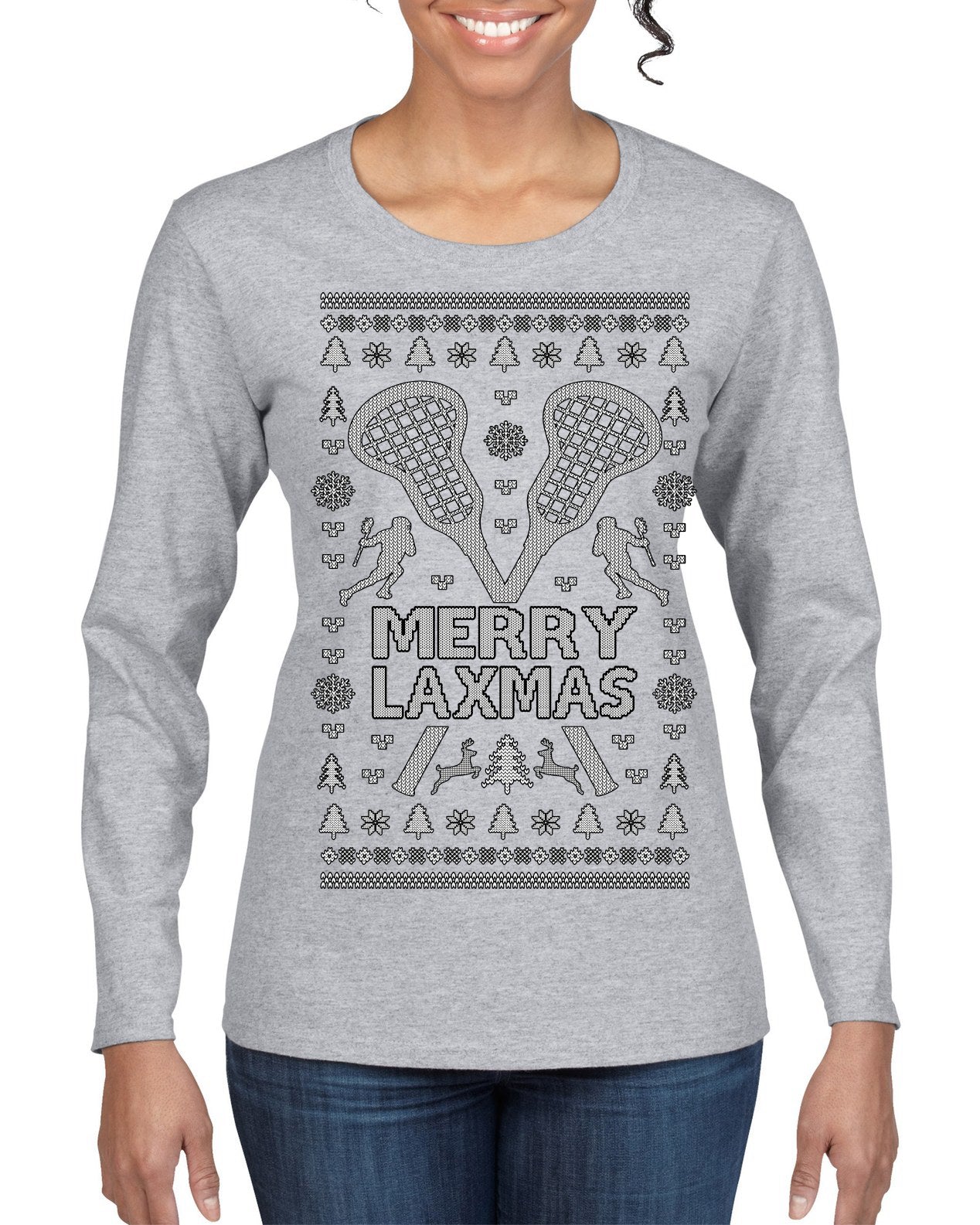 Merry Laxmas Funny Lacrosse Sports LAX Teen Sports Pun Ugly Christmas Sweater Womens Graphic Long Sleeve T-Shirt