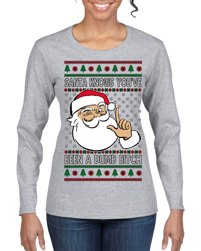 Santa Knows You've Been a Dumb Bitch Funny Vulgar Dirty Ugly Christmas Sweater Womens Graphic Long Sleeve T-Shirt