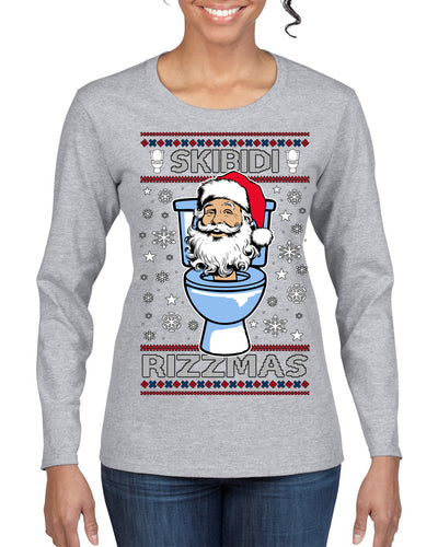 Skibidi Rizzmas Funny Toilet Video Viral Brain Rot Meme, Gen Z Alpha Slang Brainrot Memes Ugly Christmas Sweater Womens Graphic Long Sleeve T-Shirt