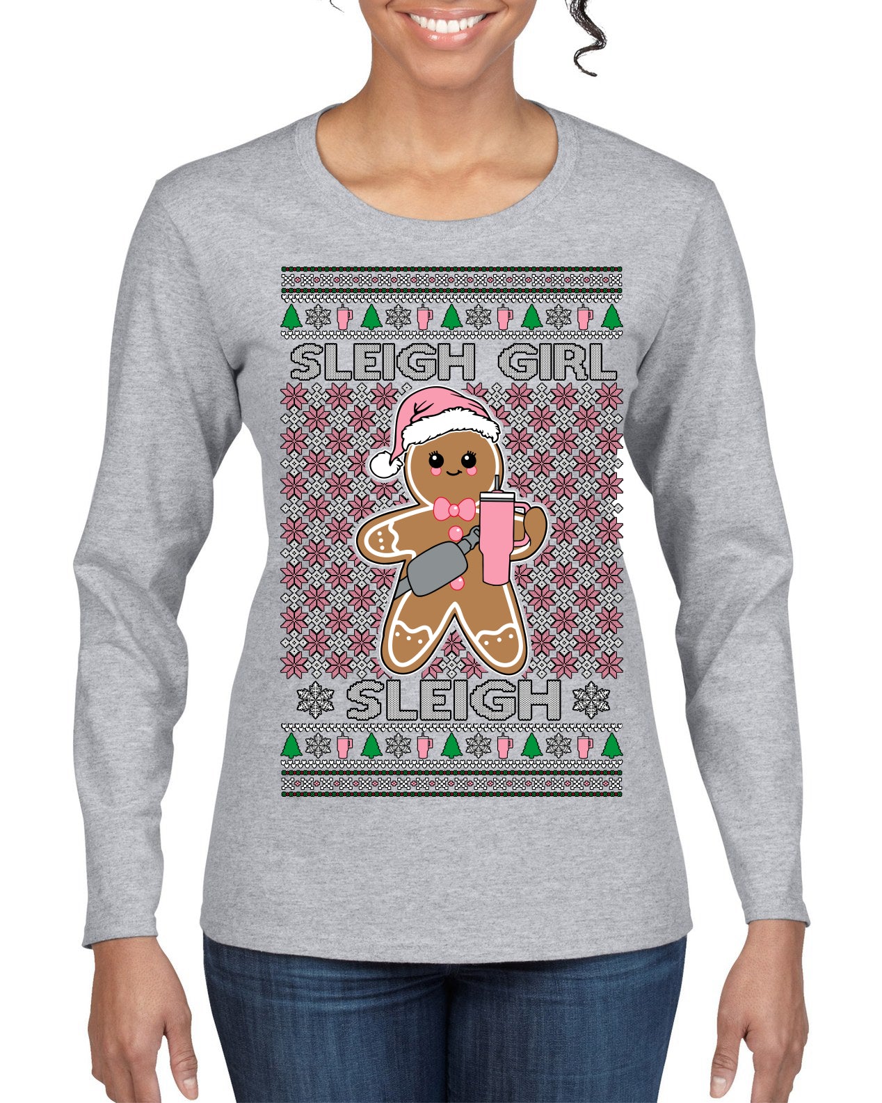Sleigh Girl Sleigh Funny Trendy Pop Girly Sling Bag Coffee Cup Ugly Christmas Sweater Womens Graphic Long Sleeve T-Shirt