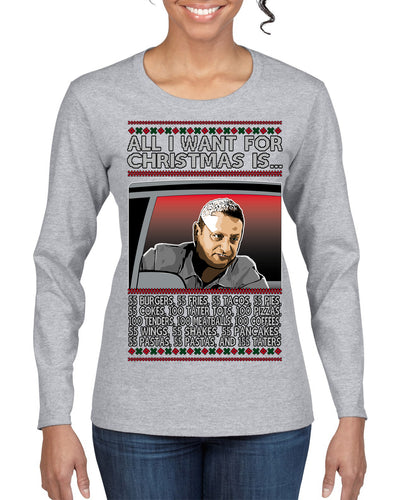 All I Want for Christmas Is 55 Burgers 55 Fries 55 Tacos 55 Pies, Funny Viral I Think Tim TV Show Gen Z Alpha Brainrot Meme Ugly Christmas Sweater Womens Graphic Long Sleeve T-Shirt