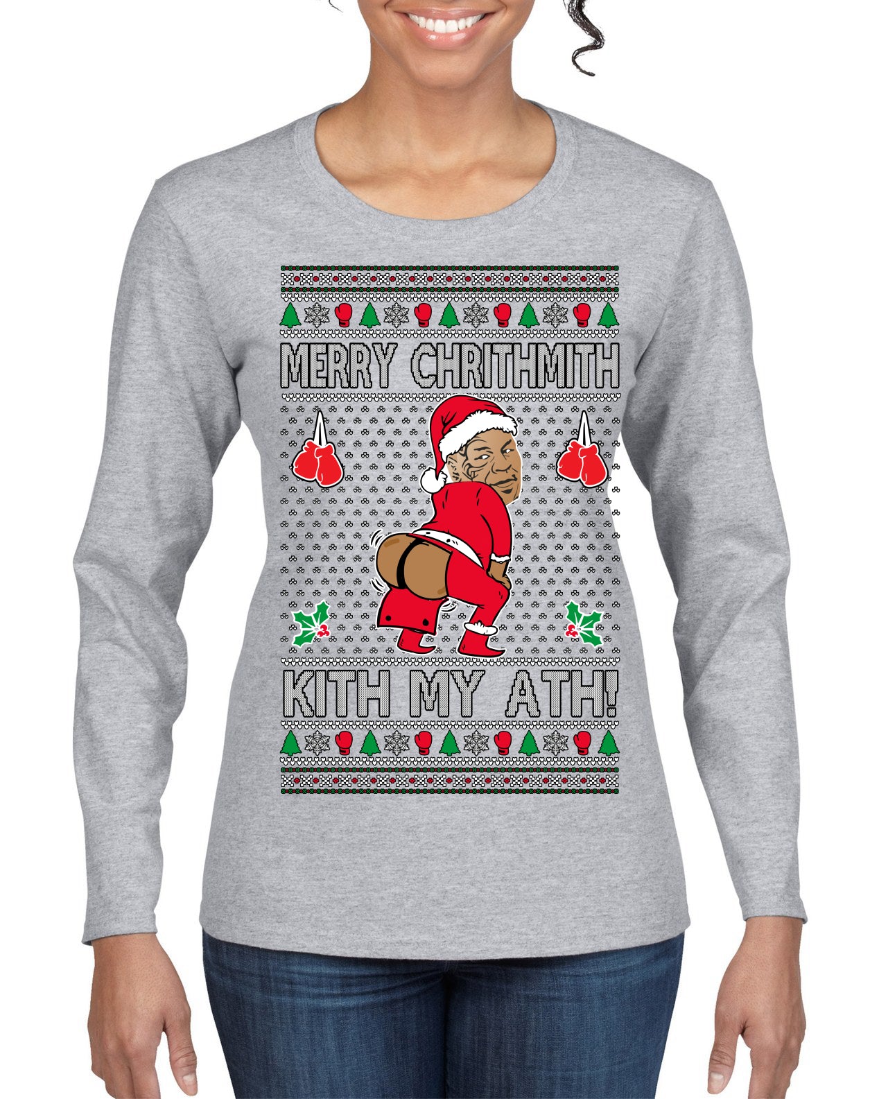 Merry Chrithmith Kith My Ath, Funny Butt Dancing, Viral Kiss My Ass Boxing Fight Meme, Men Women Ugly Christmas Sweater Womens Graphic Long Sleeve T-Shirt