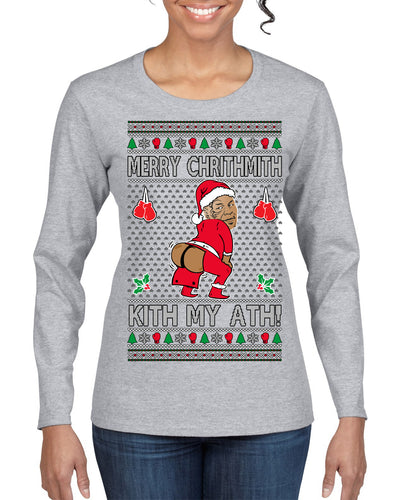 Merry Chrithmith Kith My Ath, Funny Butt Dancing, Viral Kiss My Ass Boxing Fight Meme, Men Women Ugly Christmas Sweater Womens Graphic Long Sleeve T-Shirt