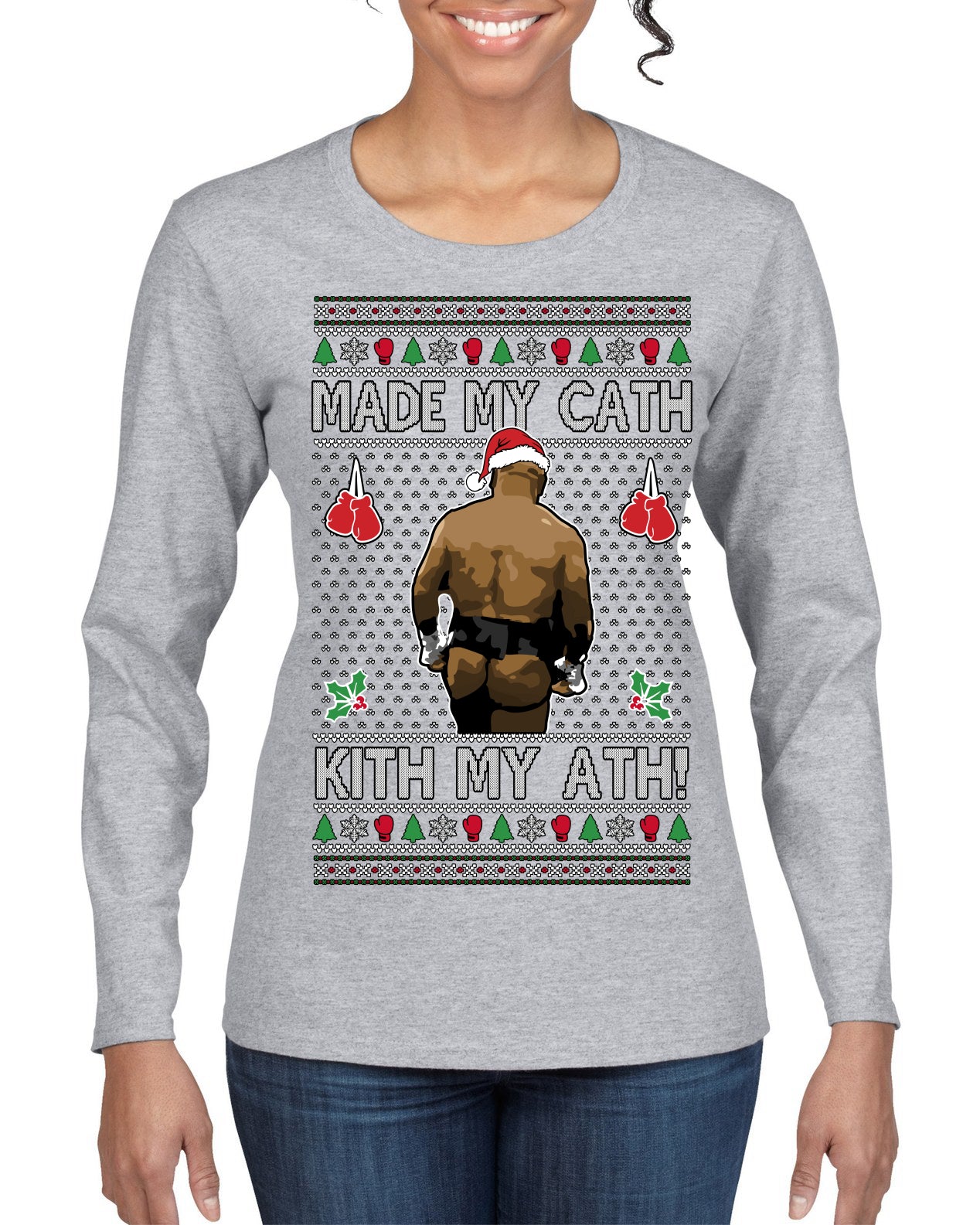 Made My Cath Kith My Ath, Funny Cash Money Viral Kiss My Ass Boxing Fight Meme, Men Women Ugly Christmas Sweater Womens Graphic Long Sleeve T-Shirt