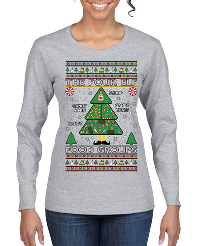 The Four Elf Food Groups Candy Canes Syrup Funny Ugly Christmas Sweater Womens Graphic Long Sleeve T-Shirt