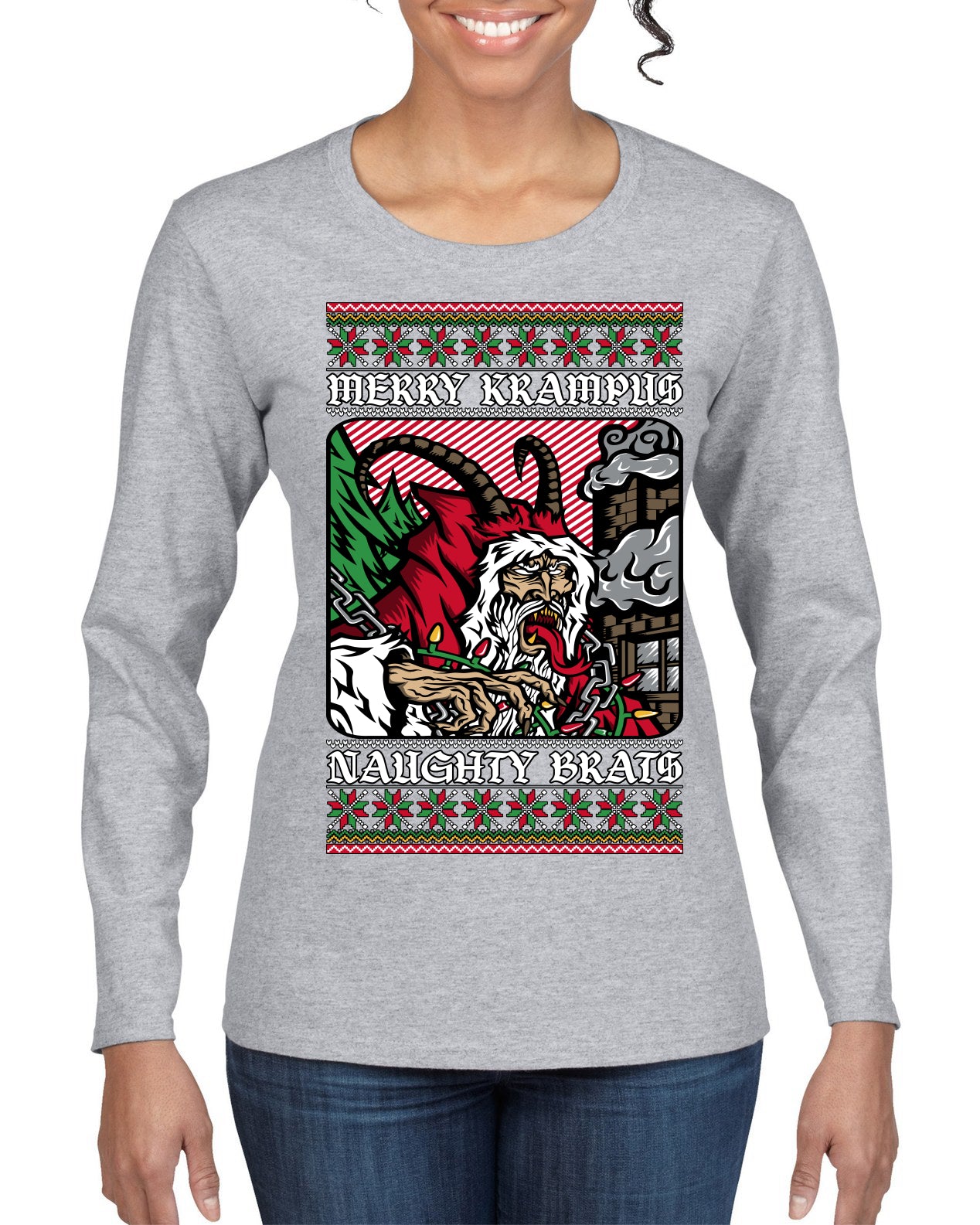 Merry Krampus Naughty Brats | Funny Ugly Christmas Sweater Womens Graphic Long Sleeve T-Shirt