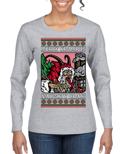 Merry Krampus Naughty Brats | Funny Ugly Christmas Sweater Womens Graphic Long Sleeve T-Shirt
