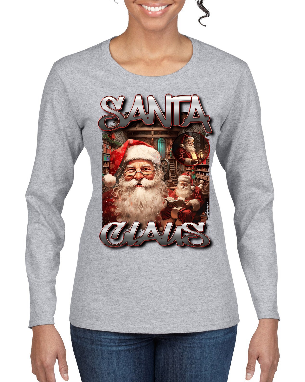 Santa Claus Bootleg Rap Music Style Ugly Christmas Sweater Womens Graphic Long Sleeve T-Shirt