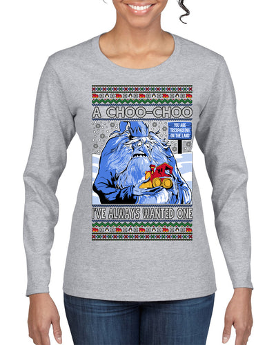 A Choo Choo I've Always Wanted One Winter Warlock Movie Ugly Christmas Sweater Womens Graphic Long Sleeve T-Shirt