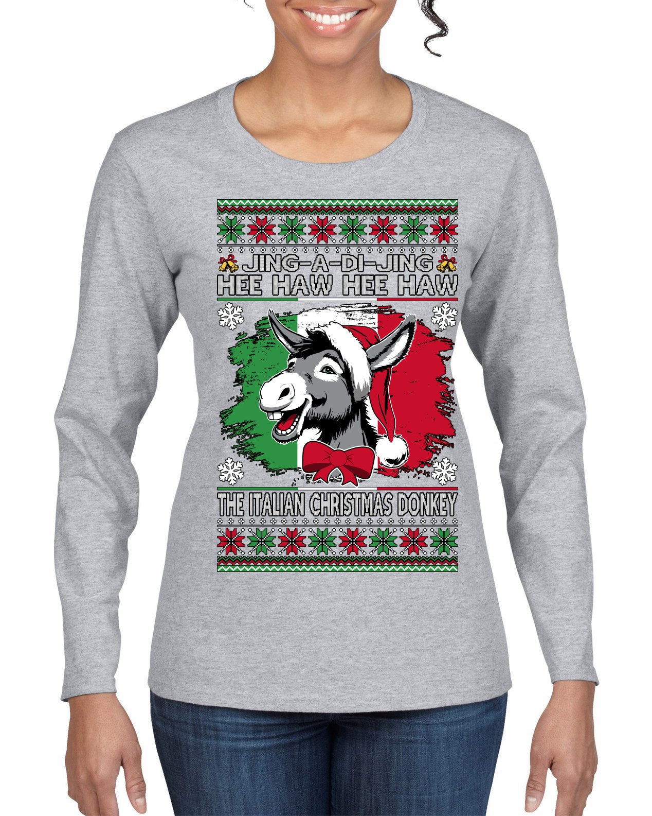 Jing a Di Jing Dominick the Italian Christmas Donkey Ugly Christmas Sweater Womens Graphic Long Sleeve T-Shirt