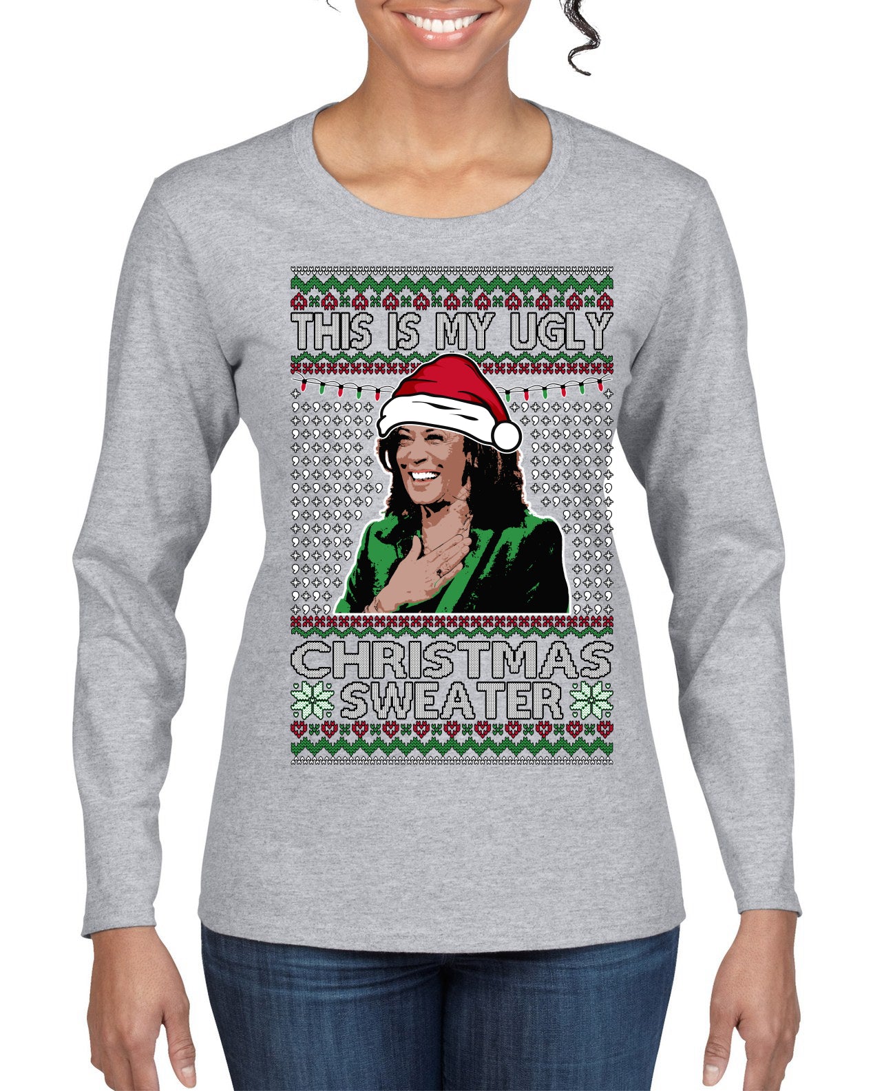 This Is My Ugly Sweater Funny Santa Kamala Harris Ugly Christmas Sweater Womens Graphic Long Sleeve T-Shirt