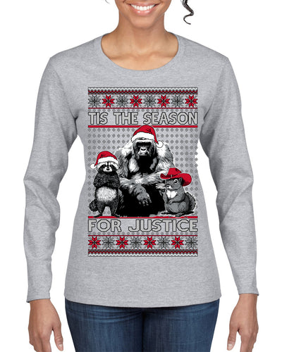 Tis the Season For Justice Harambe Peanut Fred Raccoon Ugly Christmas Sweater Womens Graphic Long Sleeve T-Shirt