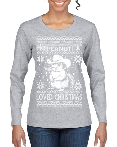 Peanut Loved Christmas RIP Funny Viral Squirrel Meme Ugly Christmas Sweater Womens Graphic Long Sleeve T-Shirt