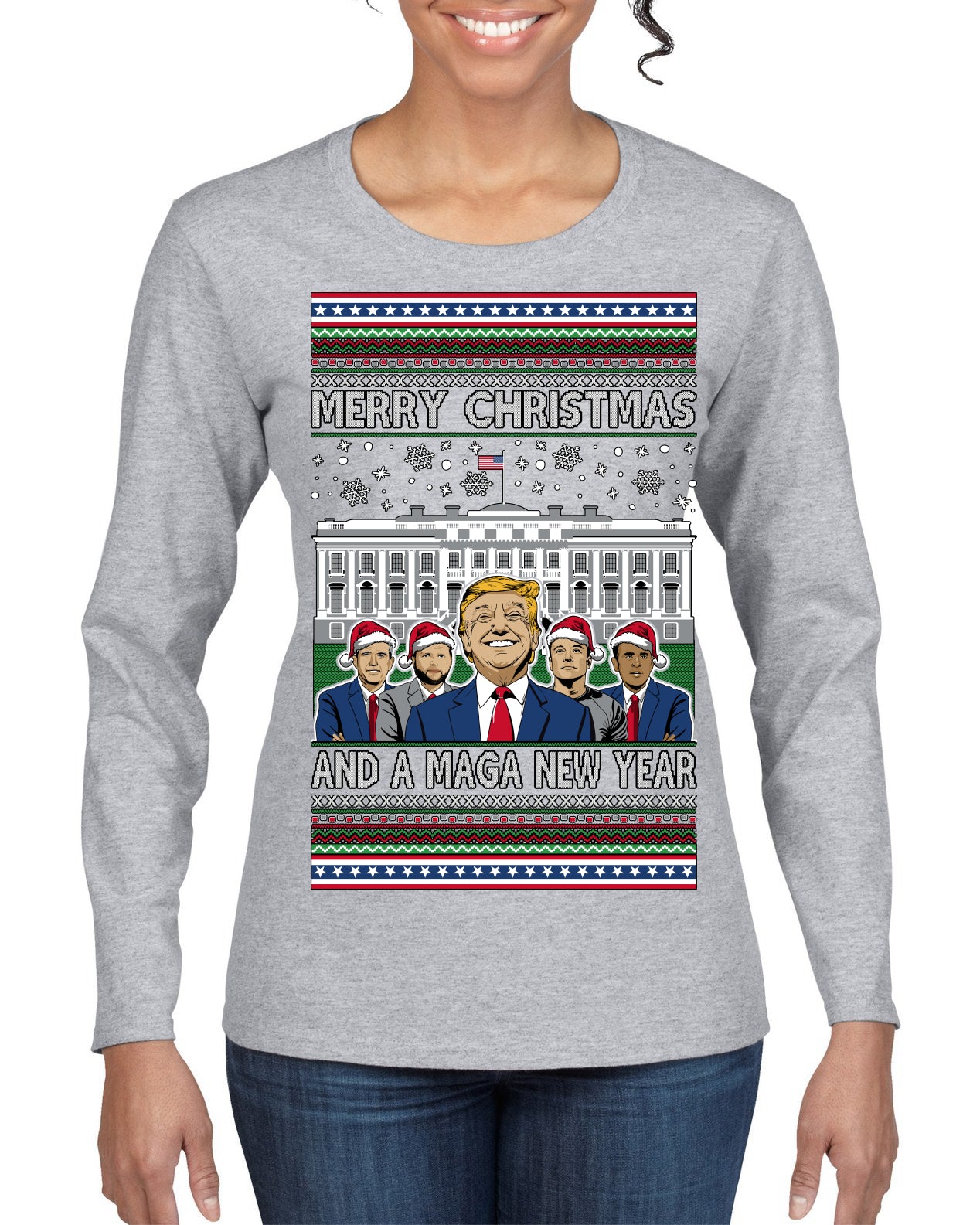 Merry Christmas and a MAGA New Year 2025 Ugly Christmas Sweater Womens Graphic Long Sleeve T-Shirt