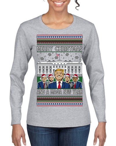 Merry Christmas and a MAGA New Year 2025 Ugly Christmas Sweater Womens Graphic Long Sleeve T-Shirt
