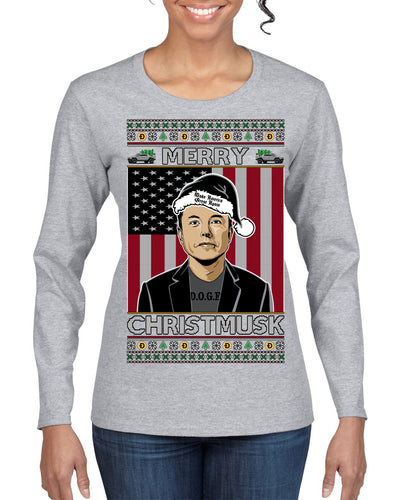 Merry Christmusk Funny Dark MAGA Santa Elon Doge Meme Ugly Christmas Sweater Womens Graphic Long Sleeve T-Shirt