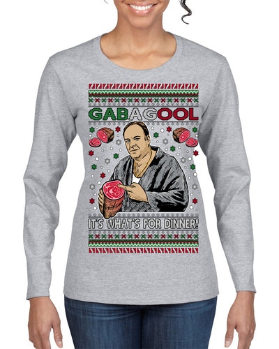 Gabagool It's What's for Dinner, Funny Tony Italian NJ New Jersey Mafia, Classic TV Show Ugly Christmas Sweater Womens Graphic Long Sleeve T-Shirt
