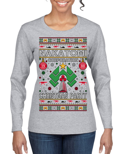 Nakatomi Corporation Christmas Party 1988 Plaza Logo, Classic Die Hard McClane 80s Xmas Movie Quote Ugly Christmas Sweater Womens Graphic Long Sleeve T-Shirt