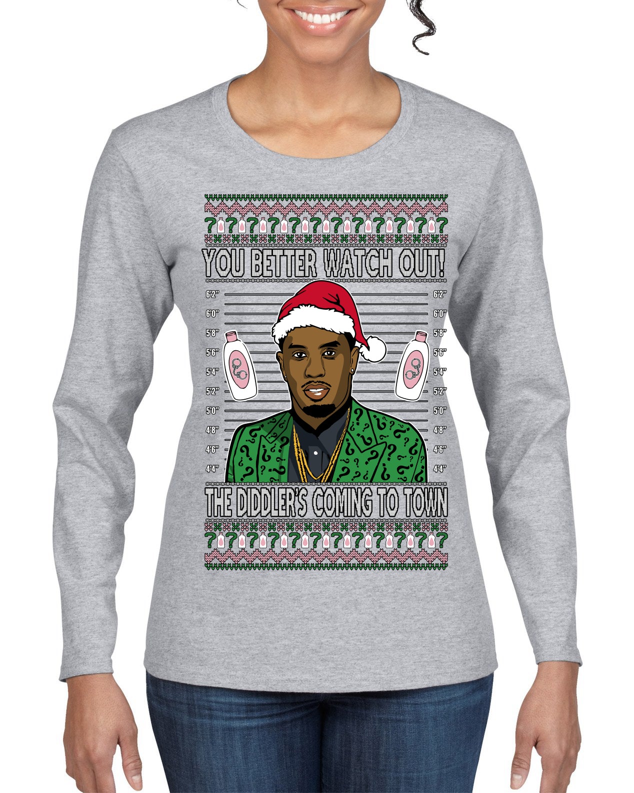 You Better Watch Out, the Diddler's Coming to Town, Funny Santa P Diddy Diddler Funny Party Viral Music Baby Oil Meme Ugly Christmas Sweater Womens Graphic Long Sleeve T-Shirt