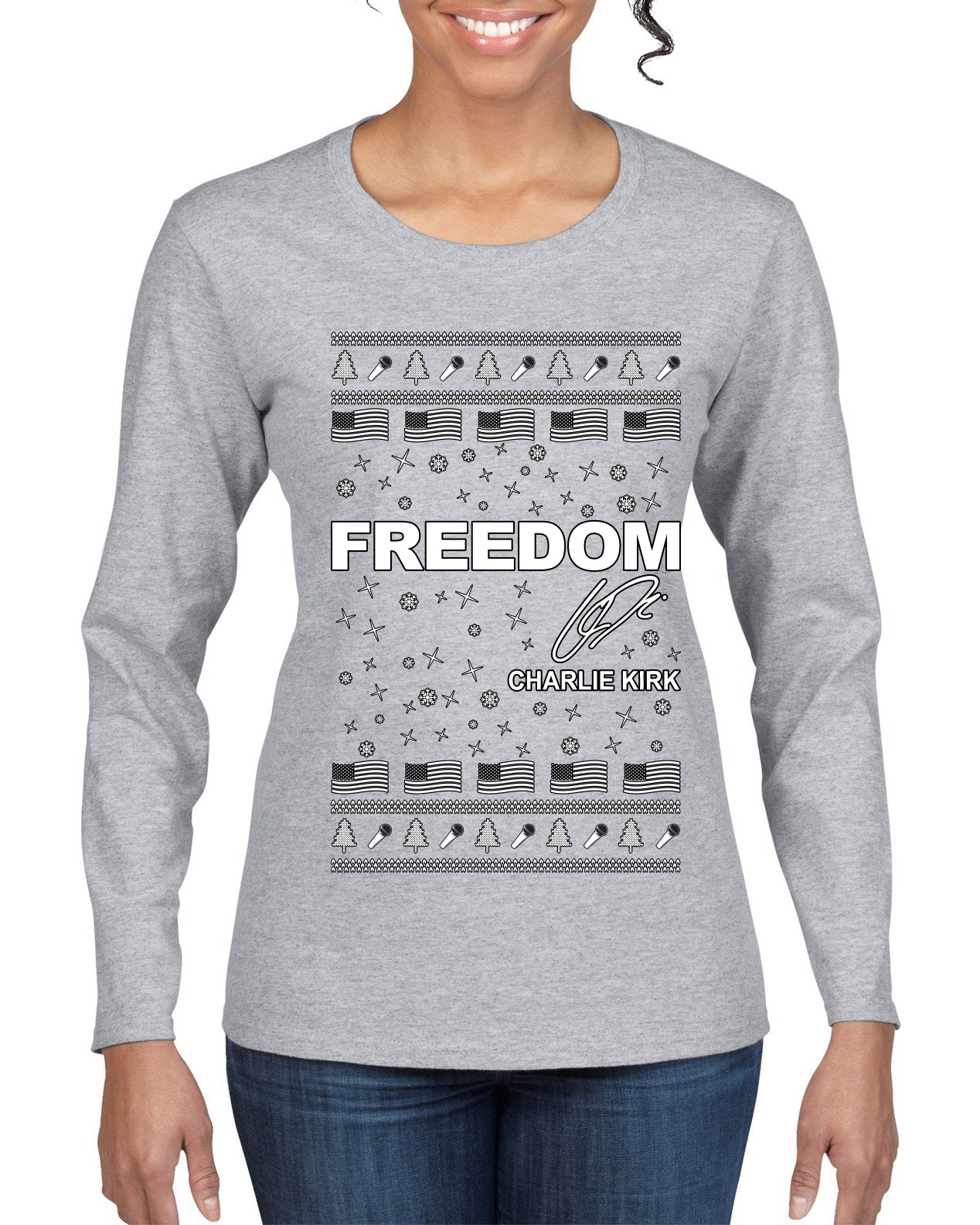 Freedom, Charlie Kirk Political Activist, Right Wing, Ugly Christmas Sweater Womens Graphic Long Sleeve T-Shirt