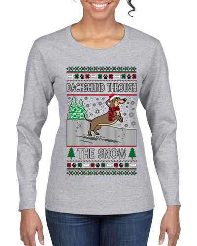 Dachshund Through The Snow, Cute Dog Christmas Sweater, Ugly Christmas Sweater Womens Graphic Long Sleeve T-Shirt