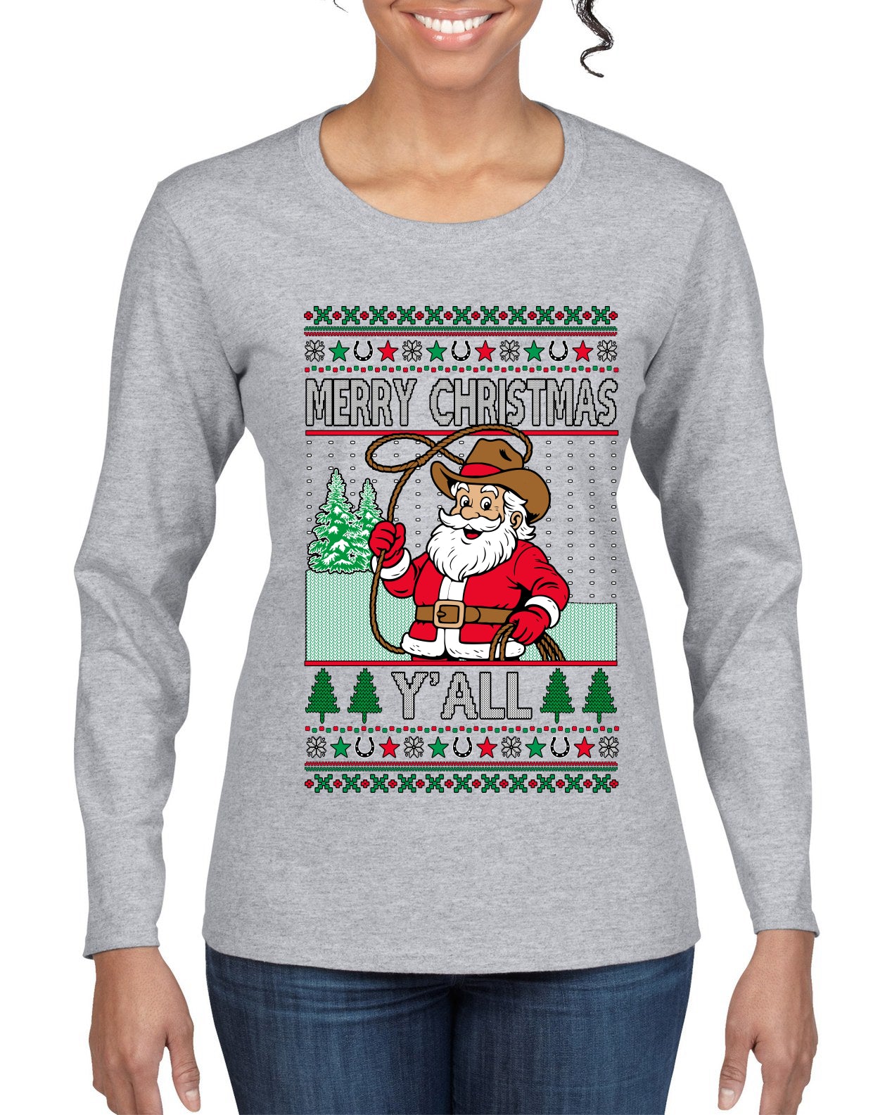 Merry Christmas Y'all Christmas Sweater, Ugly Christmas Sweater Womens Graphic Long Sleeve T-Shirt