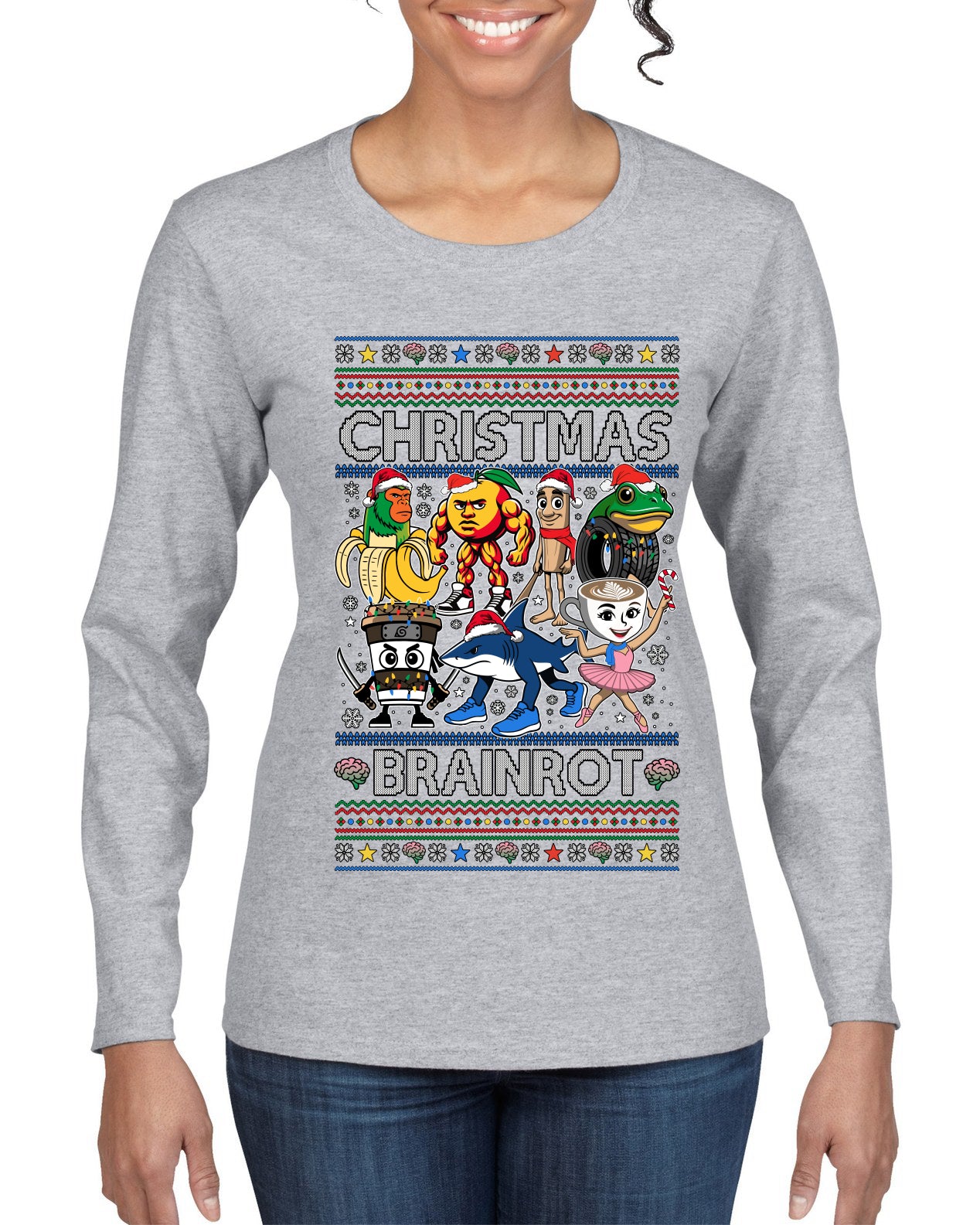 Christmas Brainrot, Ugly Christmas Sweater Womens Graphic Long Sleeve T-Shirt