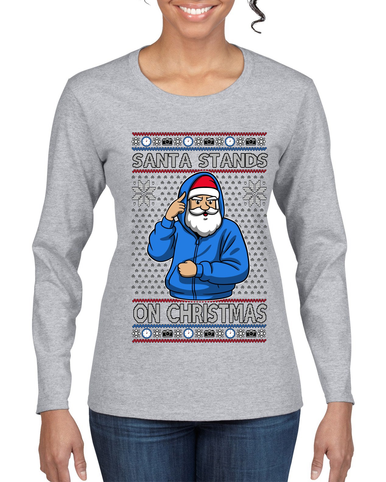 Santa Stands On Christmas, Ugly Christmas Sweater Womens Graphic Long Sleeve T-Shirt