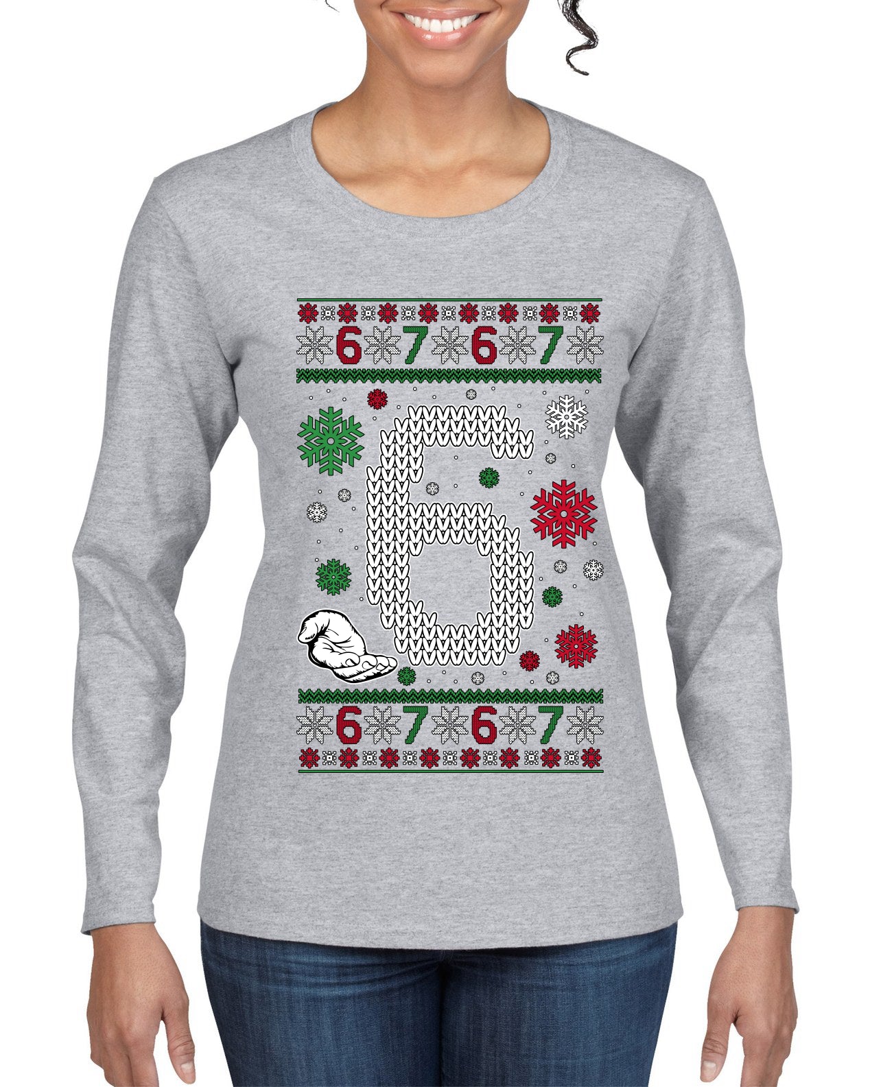 Christmas 6 Meme, Ugly Christmas Sweater Womens Graphic Long Sleeve T-Shirt