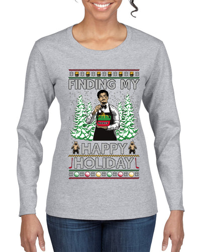 Finding My Happy Holiday, Ugly Christmas Sweater Womens Graphic Long Sleeve T-Shirt